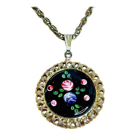 Vintage Black Enamel Victorian Revival Pink Purple Gold Tone Pendant Necklace - Picture 1 of 5